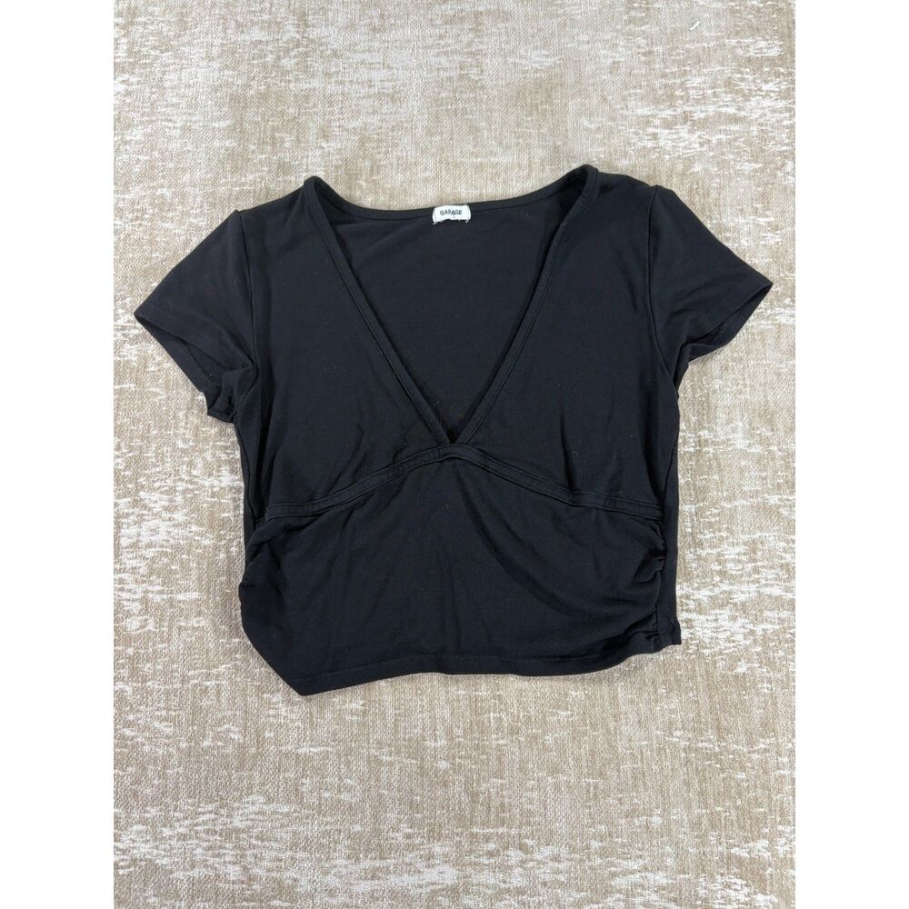 Garage Black Deep V-Neck Ruched Crop Top - Size S